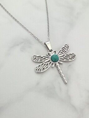 Silver Dragonfly Turquoise Stone Pendant Necklace Boho Nature Jewelry